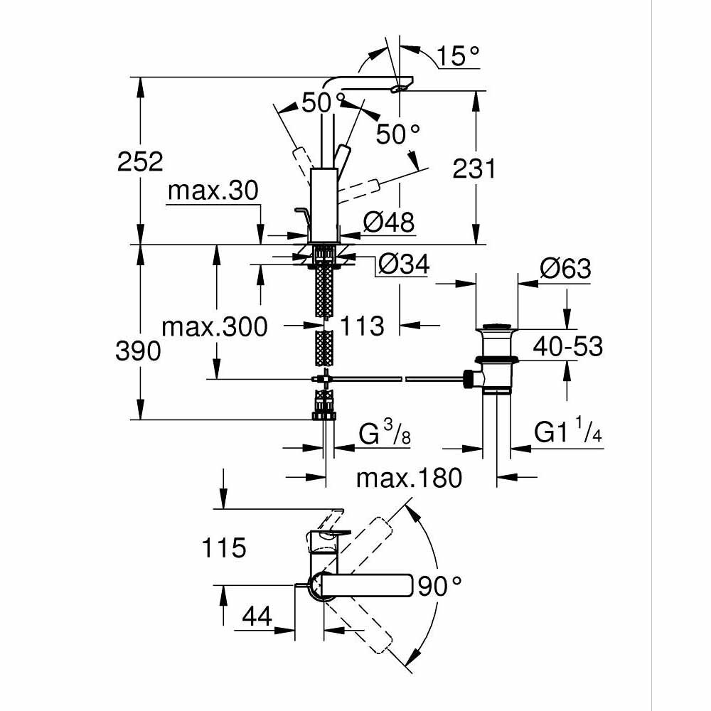 Bản vẽ kỹ thuật vòi chậu nóng lạnh Lineare GROHE 23296001