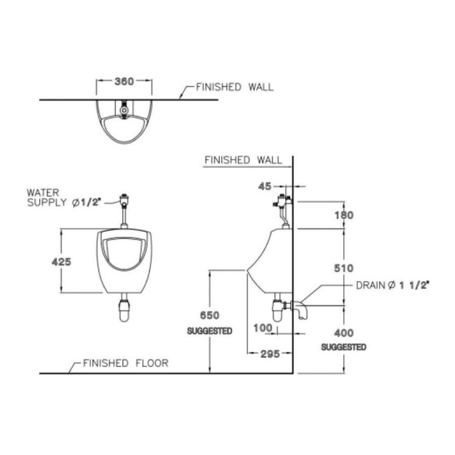 Bản vẽ kỹ thuật bồn tiểu nam COTTO treo tường C3080