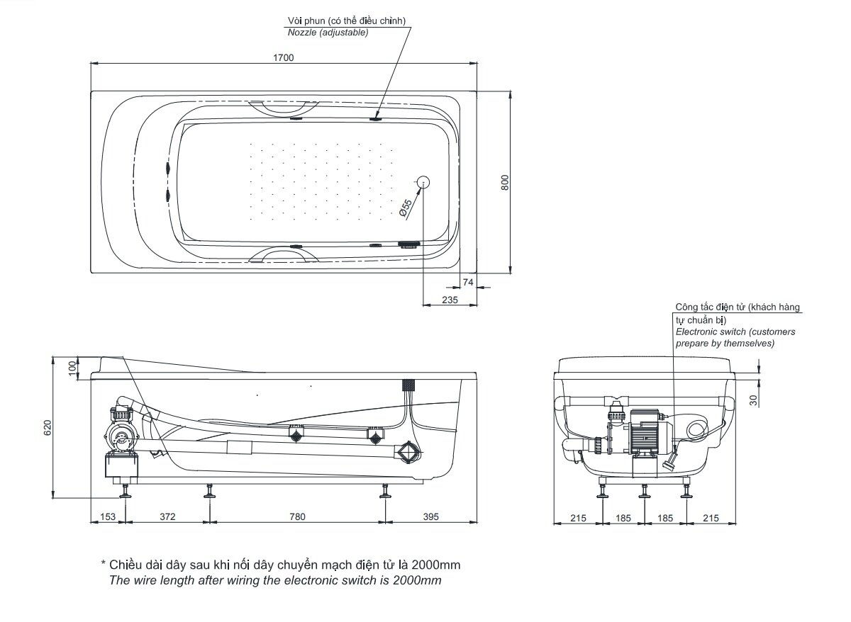 Bản vẽ kỹ thuật bồn tắm ngọc trai TOTO massage PPYK1760ZRPE#P/DB501R-2B