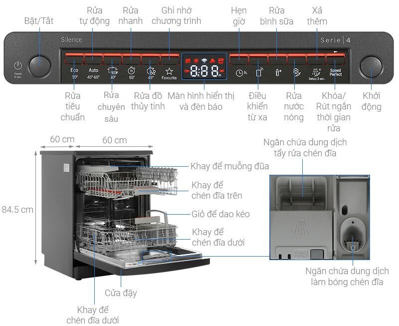Máy rửa chén độc lập Bosch SMS4IKC62T có sức chứa lên đến 13 bộ đồ ăn Châu Âu