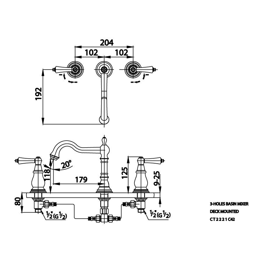Bản vẽ kỹ thuật vòi chậu lavabo COTTO CT2221C42 nóng lạnh 3 lỗ Glamis