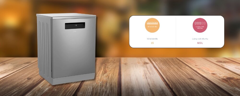 Beko DEN48520XAD có dung tích 15 bộ chén đĩa và lượng nước tiêu thụ mỗi chu kỳ 9.5 lít