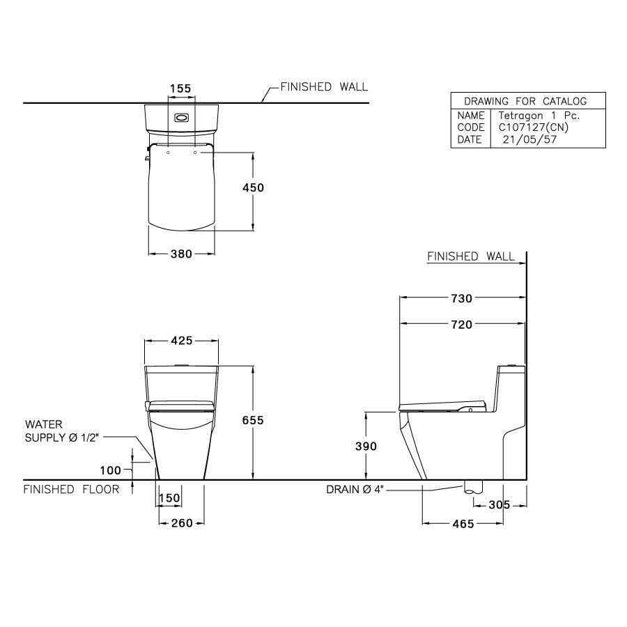 Bản vẽ kỹ thuật bồn cầu 1 khối nắp rửa cơ C107127(CN)