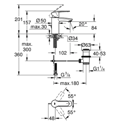 Bản vẽ kỹ thuật vòi chậu nóng lạnh 33552002 Grohe