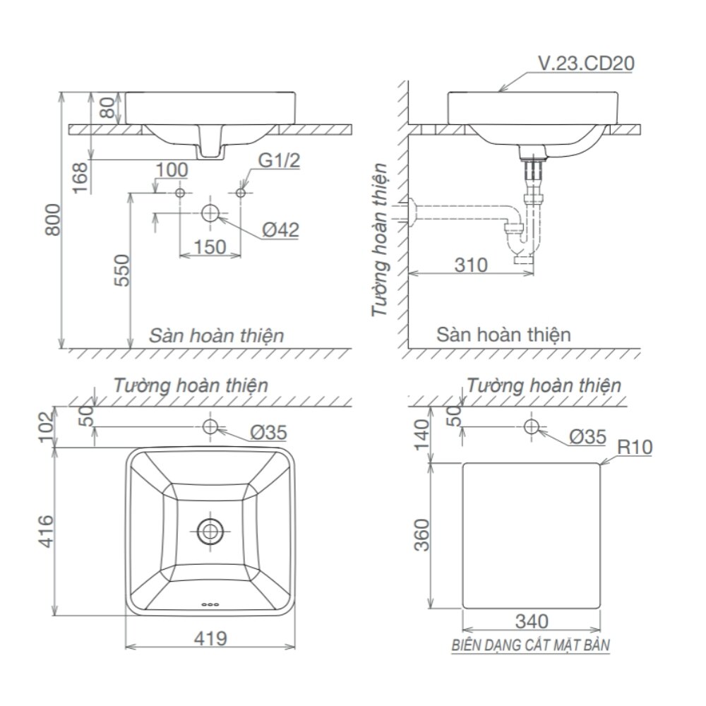 Bản vẽ kỹ thuật chậu lavabo dương vành Viglacera CD20