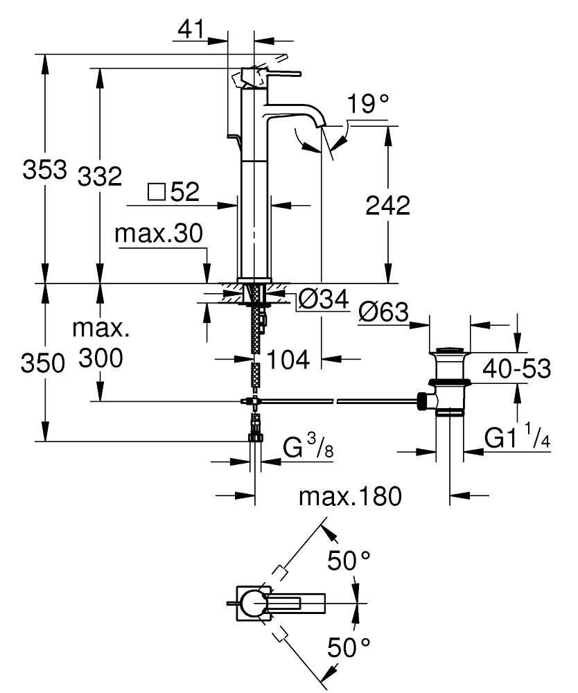 Bản vẽ kỹ thuật vòi chậu nóng lạnh Allure XL-Size Grohe 32760000