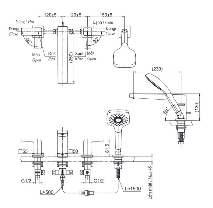 Bản vẽ kỹ thuật của vòi xả bồn tắm nóng lạnh TOTO TBG10202A