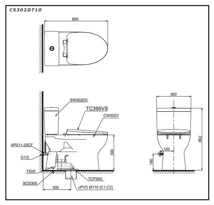 Bản vẽ kỹ thuật bồn cầu 2 khối TOTO nắp êm CS302DT10