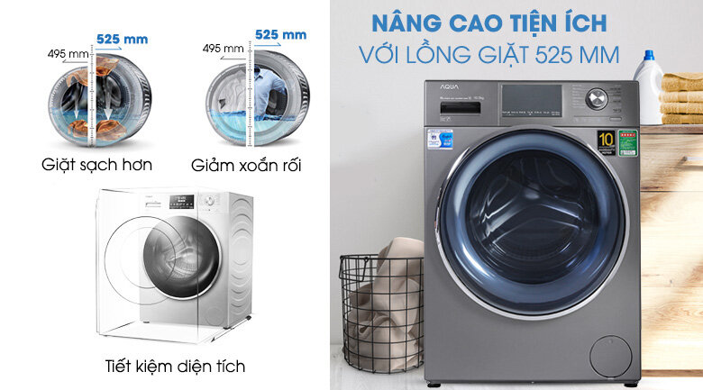 Máy giặt Aqua Inverter 10.5 KG AQD-DD1050E S - Lồng giặt lớn 525 mm
