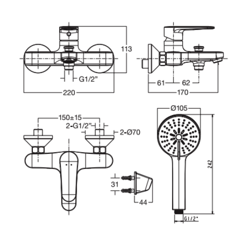 Bản vẽ kỹ thuật vòi sen tắm gắn tường nóng lạnh AMERICAN STANDARD WF-B211
