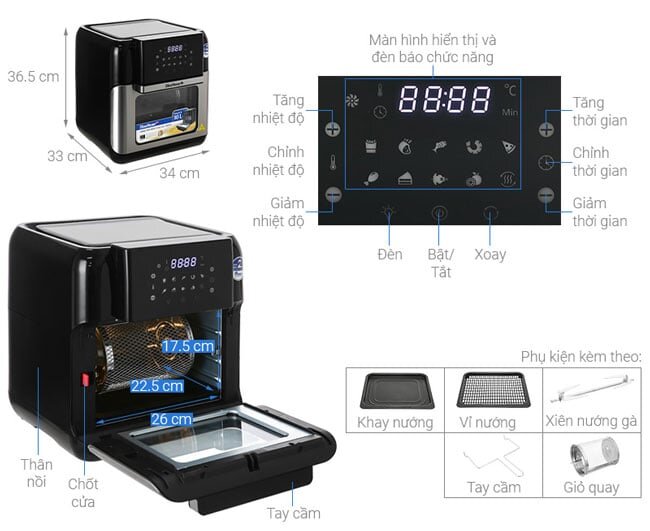 Cấu tạo và kích thước của nồi chiên không dầu Bluestone AFB-5888