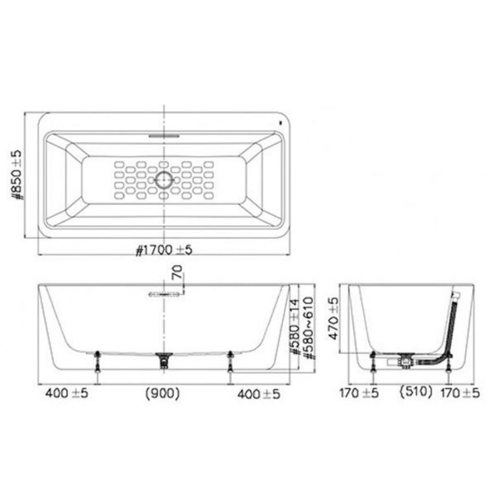 Bản vẽ kỹ thuật bồn tắm đặt sàn Acacia E 1.7m American Standard BTAS6719