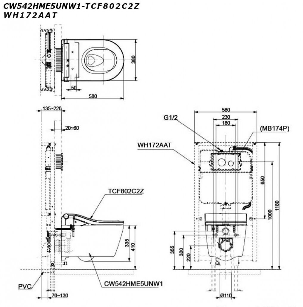 Bản vẽ kỹ thuật Bồn cầu treo tường nắp điện tử RW TOTO CW542HME5U TCF802C2Z WH172AAT MB175M#SS