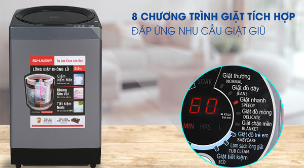 8 chương trình giặt đáp ứng nhu cầu sử dụng của gia đình Sharp 9.5 kg ES-W95HV-S