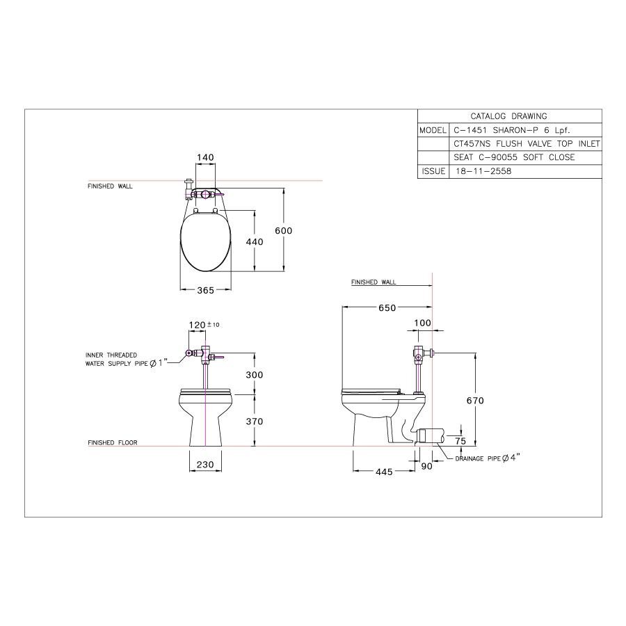 Bản vẽ kỹ thuật bồn cầu đặt sàn COTTO C1451 van xả trực tiếp Sharon nắp đóng êm