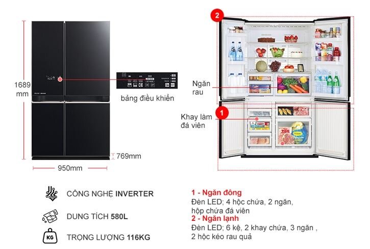 Thiết kế tủ lạnh Mitsubishi Inverter 580 lít MR-LA72ER-GBK sang trọng và quyến rũ