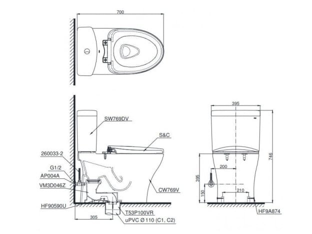 Kích thước bồn cầu Toto CS769DRT8