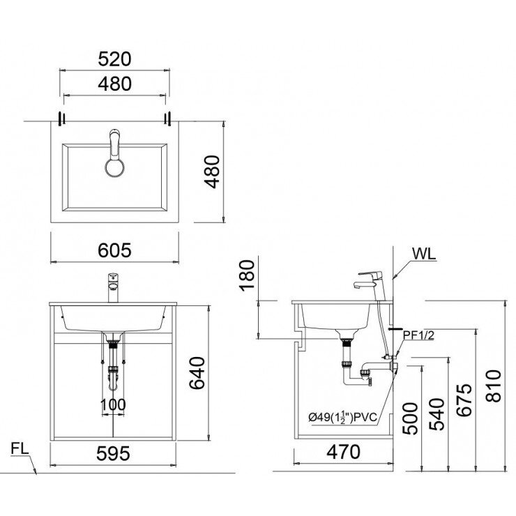 Bản vẽ kỹ thuật bộ tủ chậu rửa mặt CAESAR EH05017APV