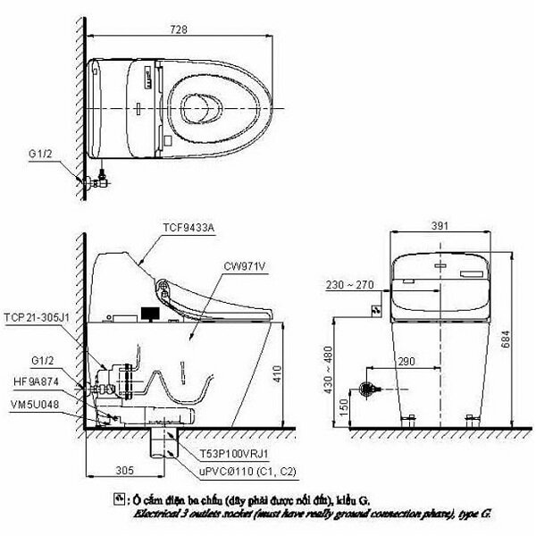 Bản vẽ kỹ thuật Bồn cầu TOTO nắp rửa điện tử C971/TCF9433A