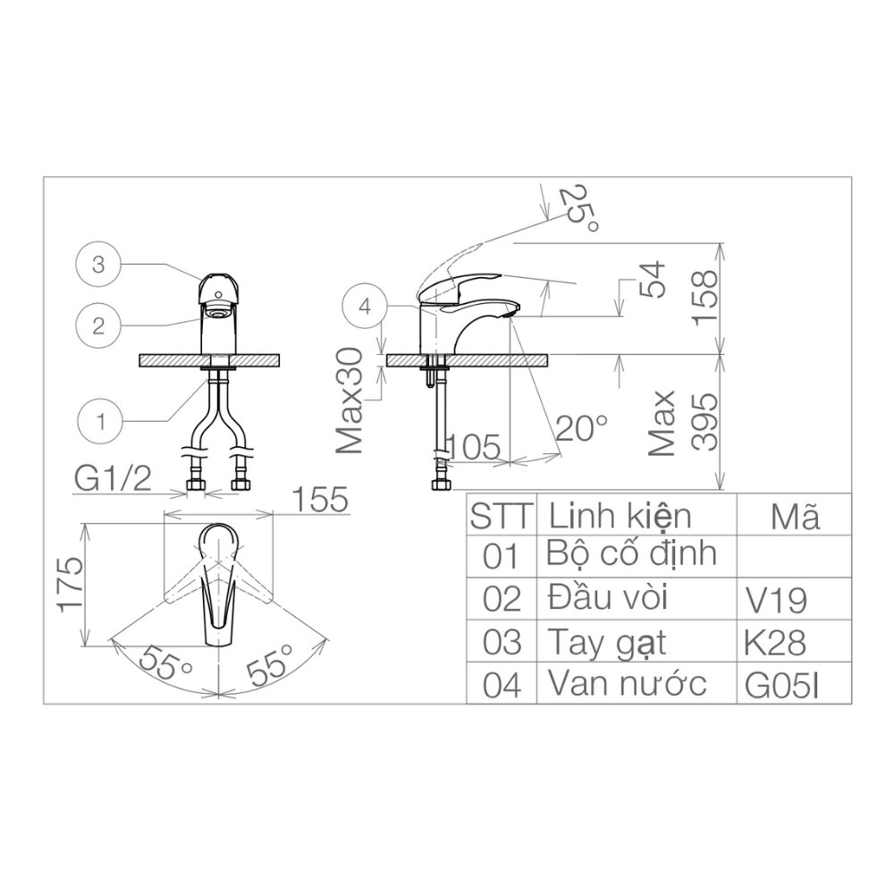 Bản vẽ kỹ thuật vòi chậu lavabo nóng lạnh Viglacera VG104