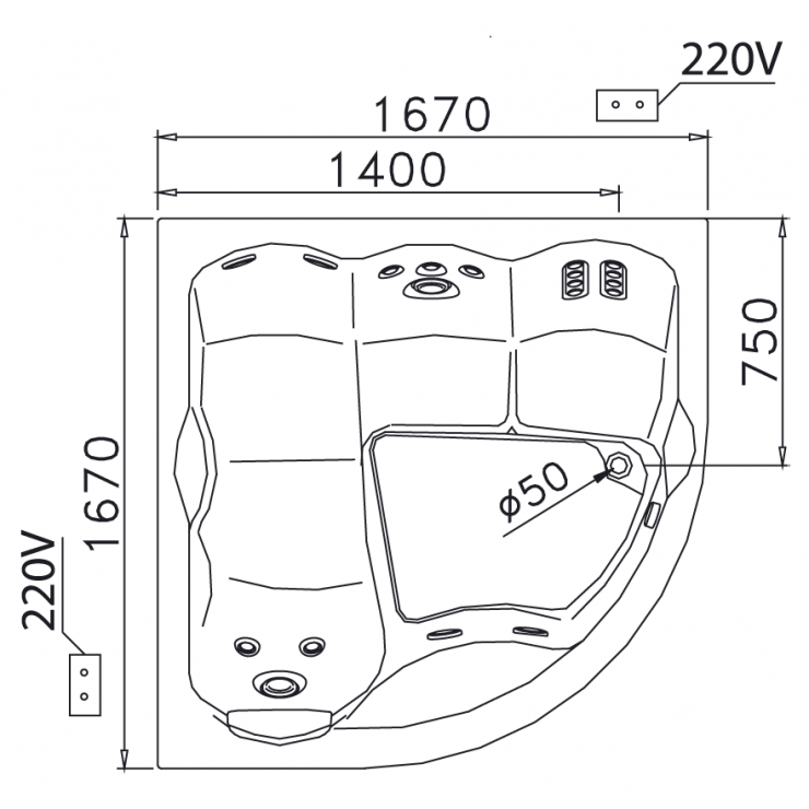 Bản Vẽ Kỹ Thuật Bồn Tắm Massage Góc Caesar MT5165