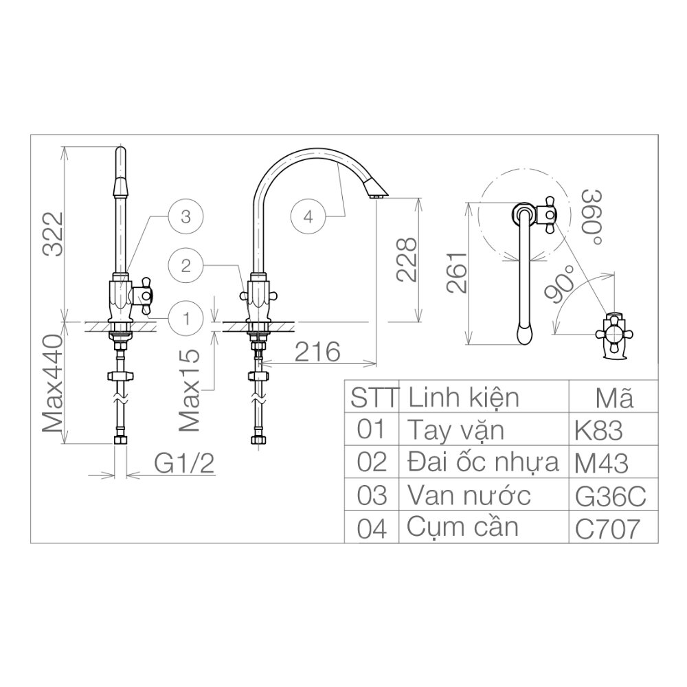 Bản vẽ kỹ thuật vòi rửa chén lạnh Viglacera VG707