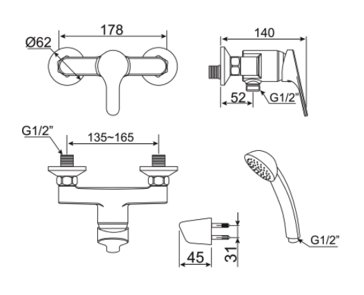 Bản vẽ kỹ thuật vòi sen nóng lạnh American Standard WF-1412