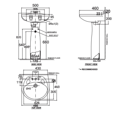 Bản vẽ kỹ thuật chân chậu rửa mặt lavabo AMERICAN STANDARD VF-0901