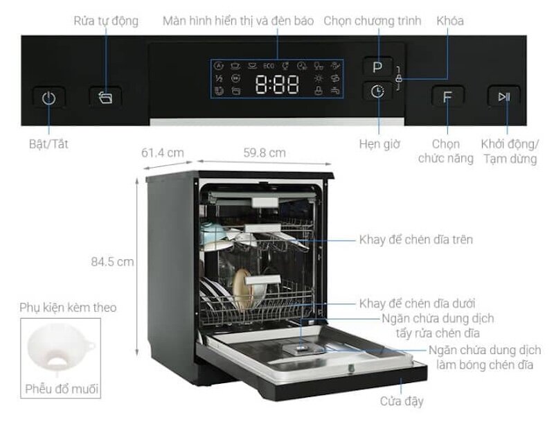 Máy rửa bát độc lập Hafele 14 bộ HDW-F60EB được tích hợp 8 chương trình rửa cài đặt sẵn