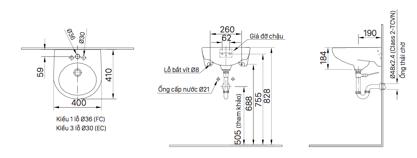 Bản vẽ kỹ thuật Chậu rửa Lavabo INAX treo tường L-282V 