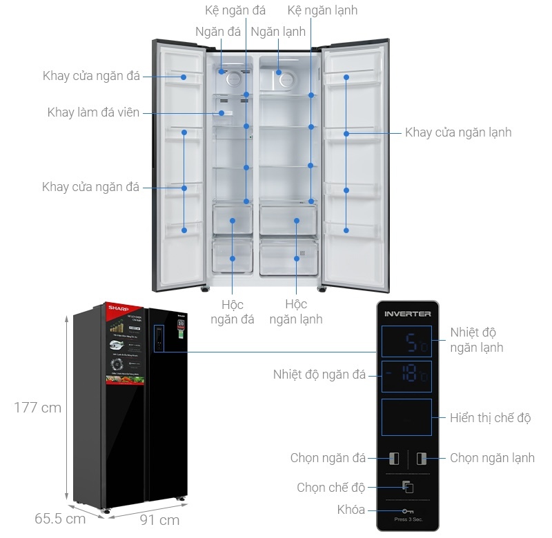Tủ lạnh Sharp Inverter SJ-SBX530VG-BK có bảng điều khiển cảm ứng hiện đại