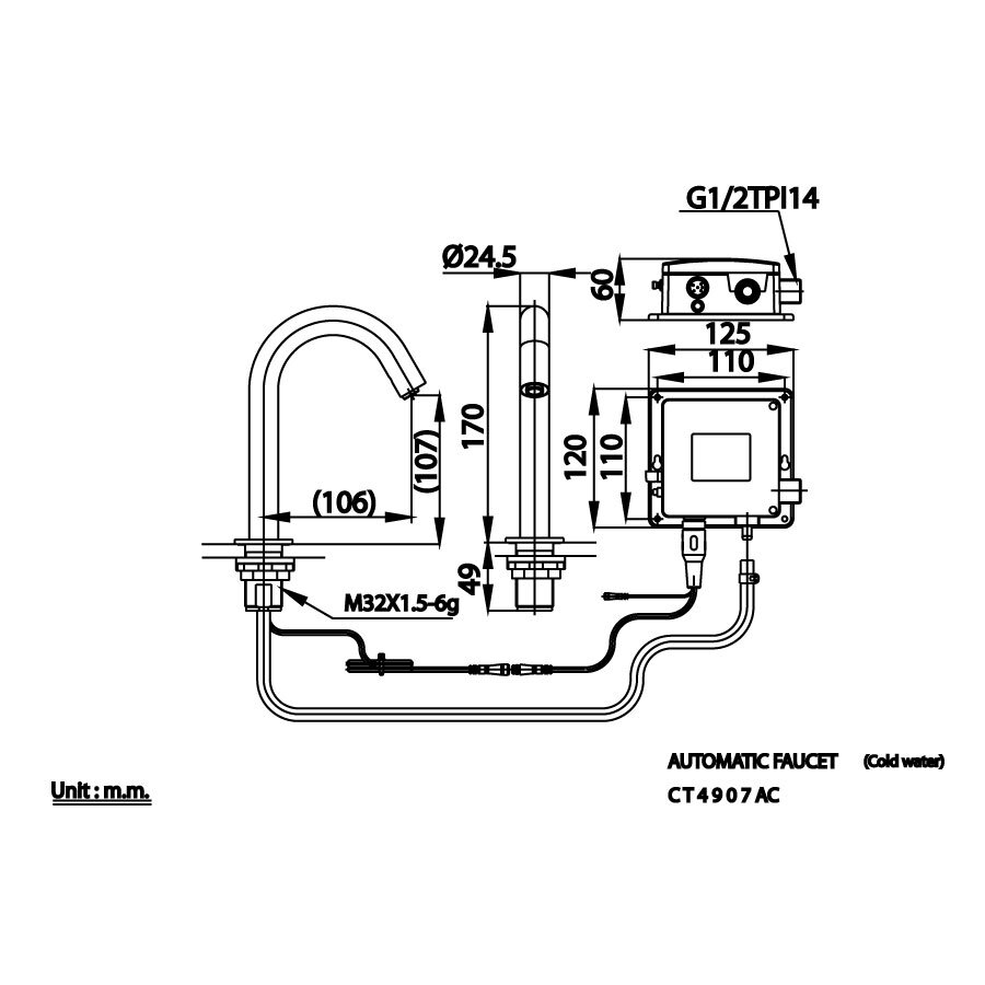 Bản vẽ kỹ thuật vòi lavabo cảm ứng COTTO dùng điện CT4907AC