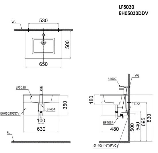 Bản vẽ kỹ thuật bộ tủ chậu cabinet CAESAR LF5030/EH05030DDV
