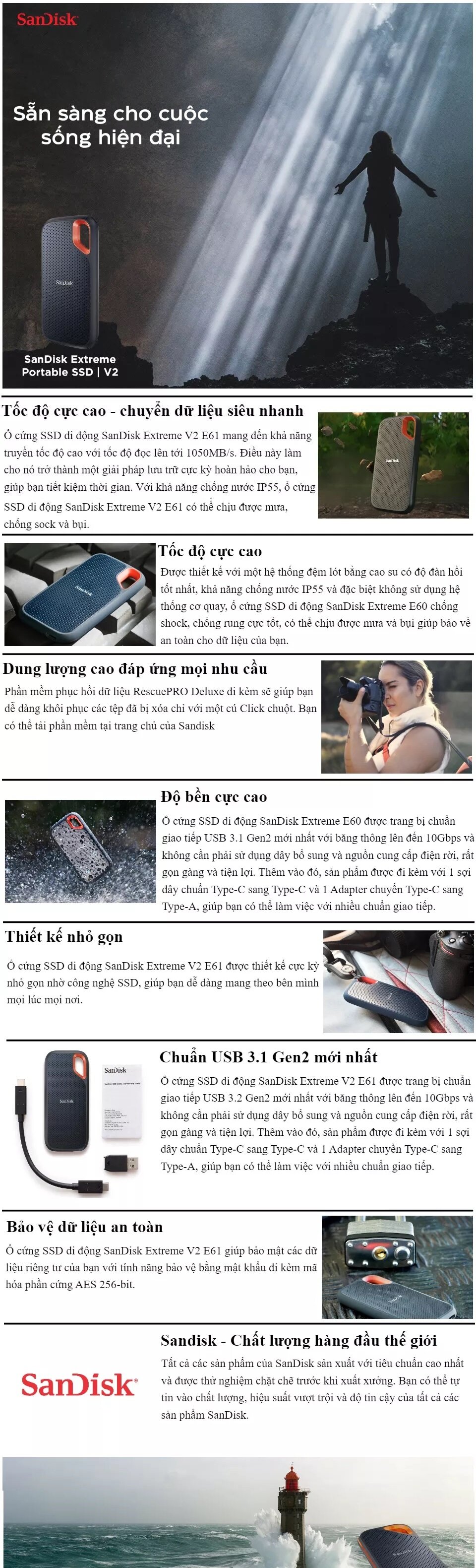 Ổ cứng gắn ngoài SSD 1TB Sandisk Extreme Portable SDSSDE61-1T00-G25