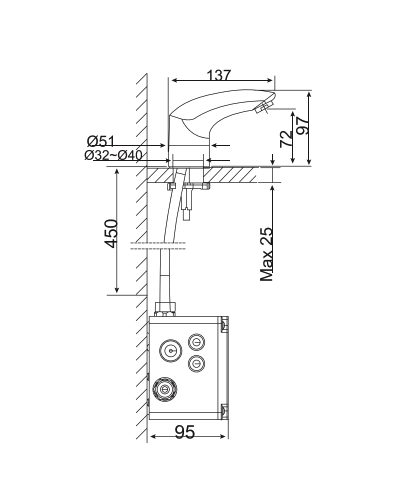 Bản vẽ kỹ thuật vòi lavabo cảm ứng American Standard WF-8601 (Dùng pin)