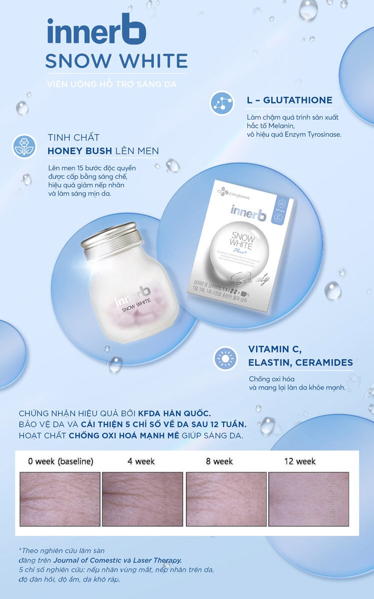 Viên Uống InnerB Snow White chứa Vitamin C, Elastin, Ceramides giúp chống oxy hoá và mang lại làn da khoẻ mạnh.
