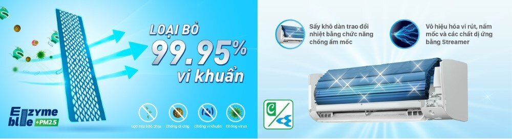 Phin lọc Enzyme Blue tích hợp lọc bụi mịn PM2.5 và chống ẩm mốc với công nghệ Streamer