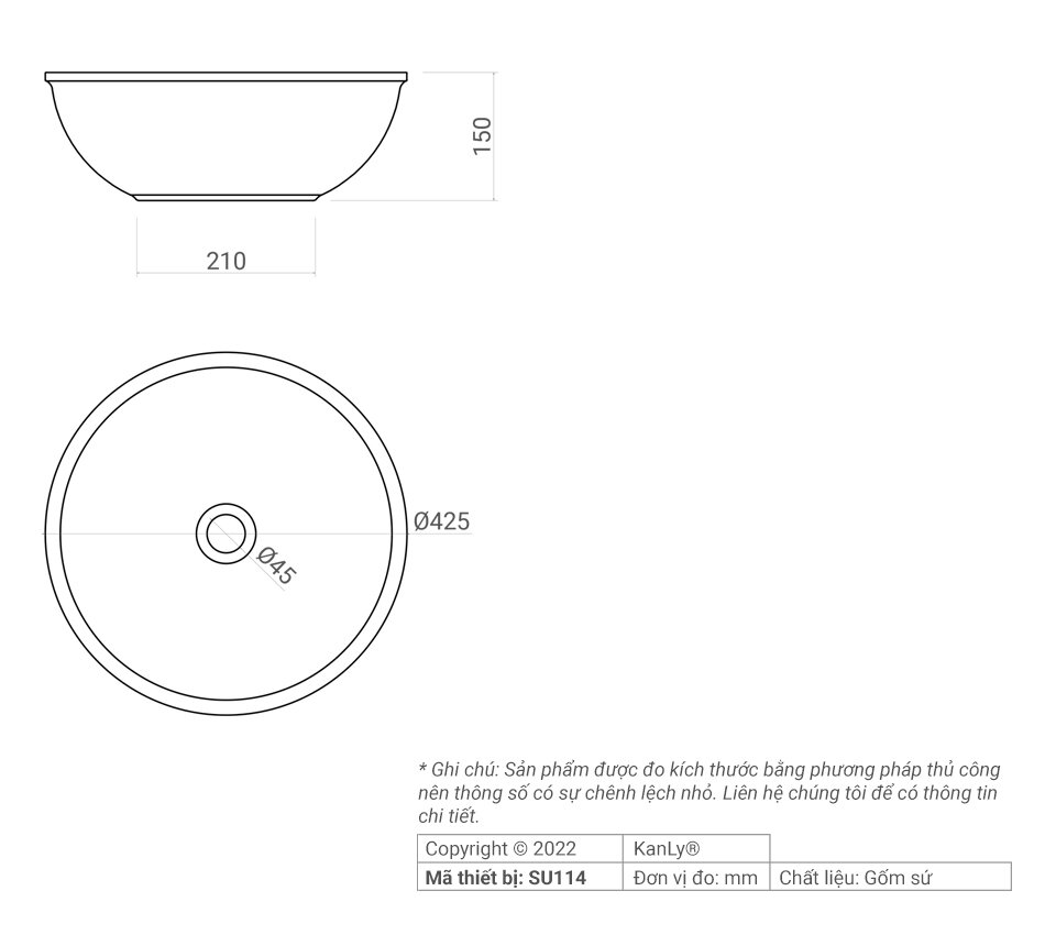 Bản vẽ kỹ thuật chậu rửa lavabo bằng sứ Kanly SU114