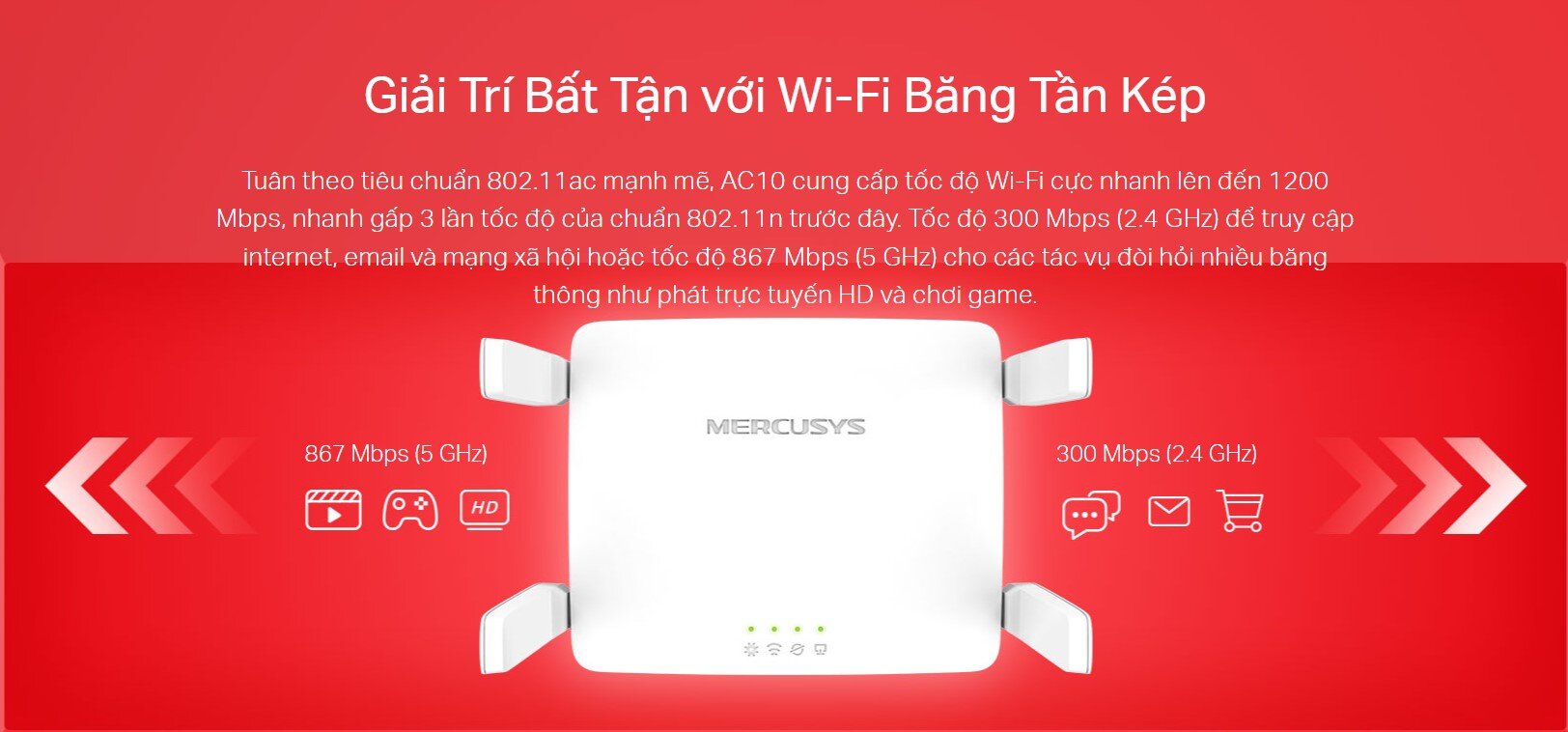 Bộ Phát Wifi Mercusys AC10 Chuẩn Tốc Độ AC1200Mbps