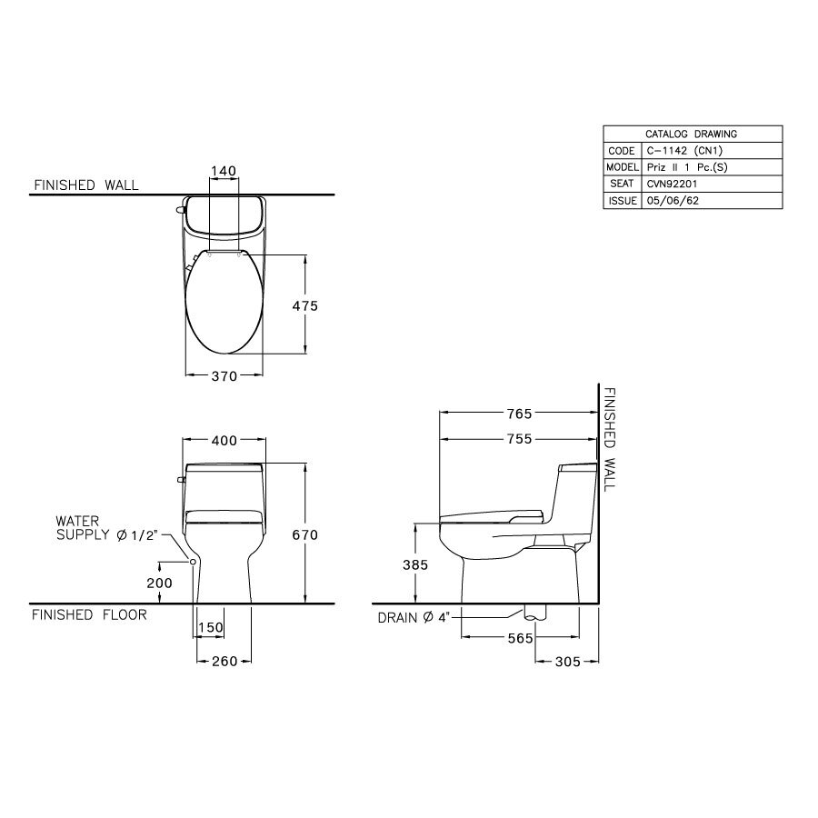 Bản vẽ kỹ thuật bồn cầu 1 khối nắp rửa cơ C1142(CN1)