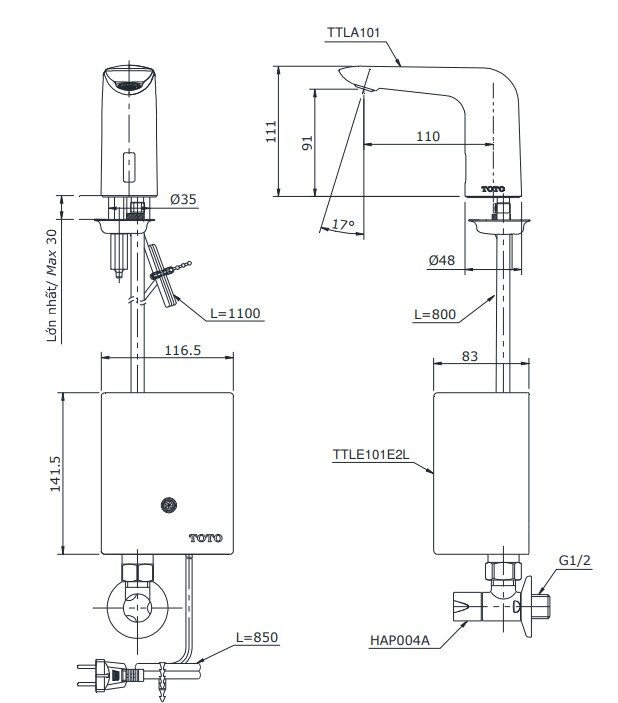 Bản vẽ kích thước vòi nước TOTO TTLA101_TTLE101E2L_HAP004A