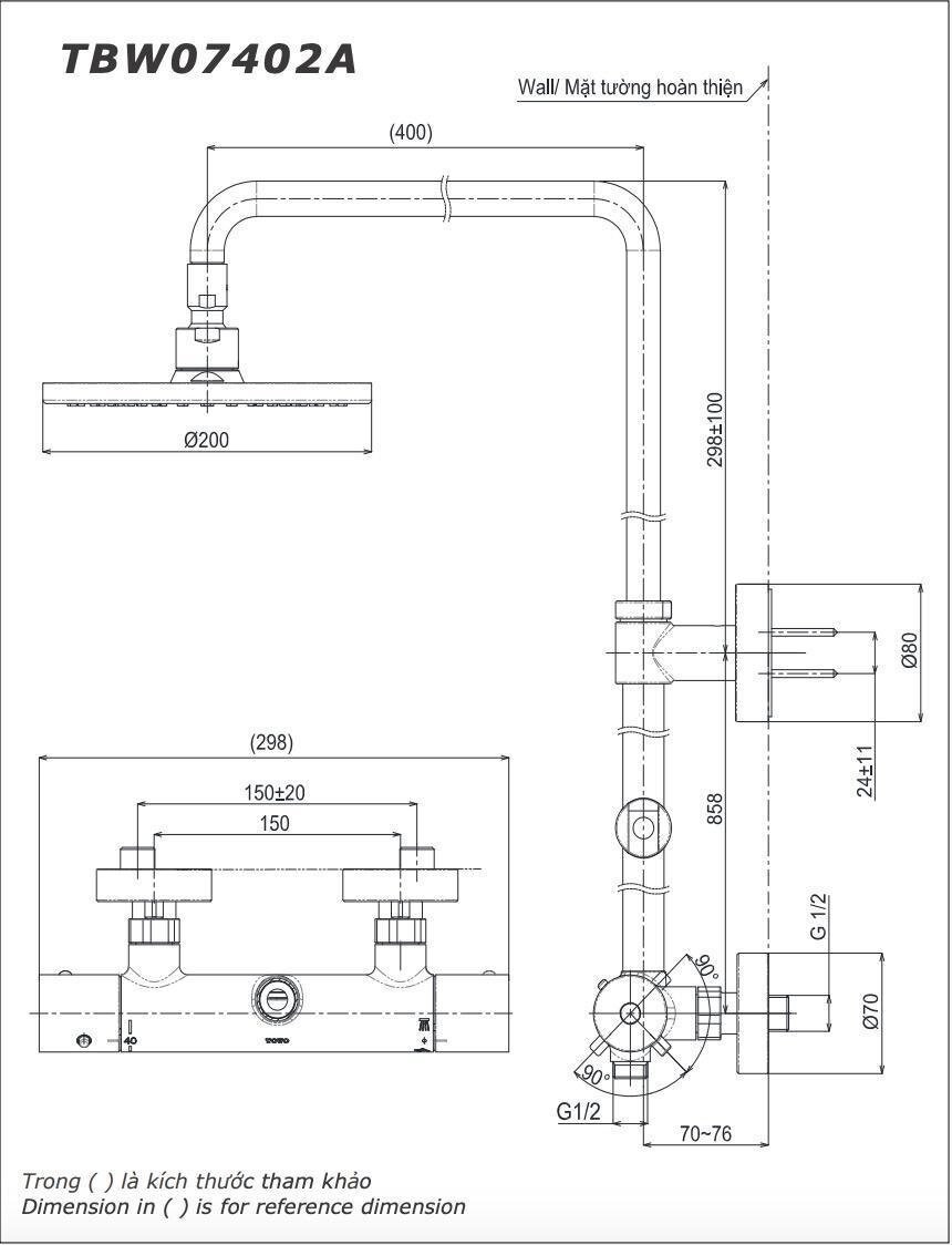 Bản vẽ kỹ thuật vòi sen tắm đứng điều chỉnh nhiệt độ dòng G TOTO TBW07402A