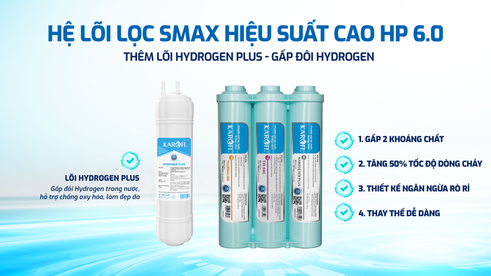 máy lọc nước RO nóng lạnh Karofi KAD-L68 sử dụng công nghệ lọc Smax hiệu suất HP 6.0