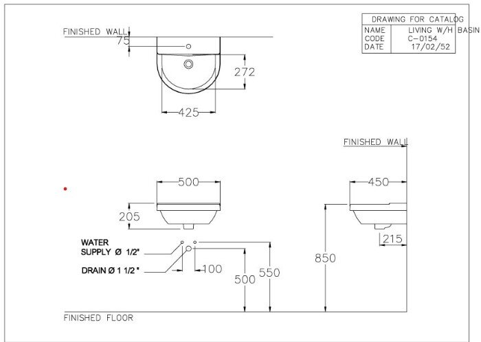 Bản vẽ kỹ thuật chậu rửa lavabo treo tường C01547