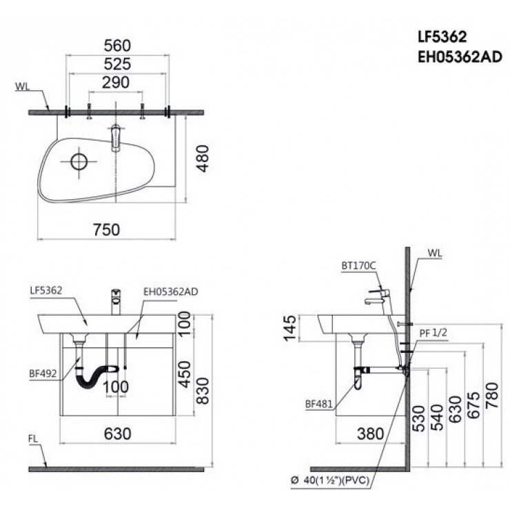 Bản vẽ kỹ thuật lavabo dương bàn Caesar LF5362