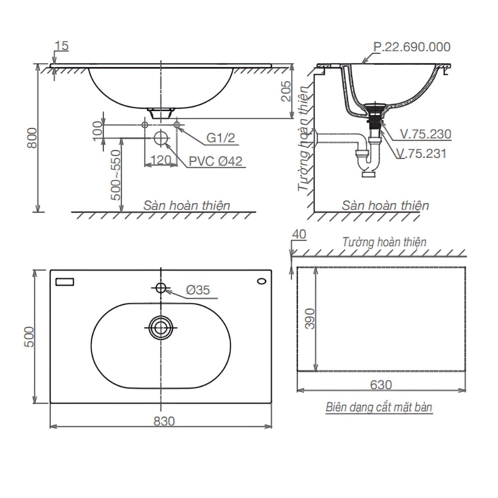 Bản vẽ kỹ thuật của chậu rửa lavabo dương vành Viglacera Platinum P.22.690