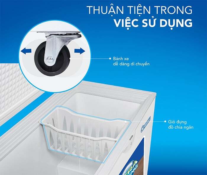 Trang bị bánh xe di chuyển, giỏ đựng đồ tiện lợi Tủ đông Hòa Phát Inverter HPF BD8245