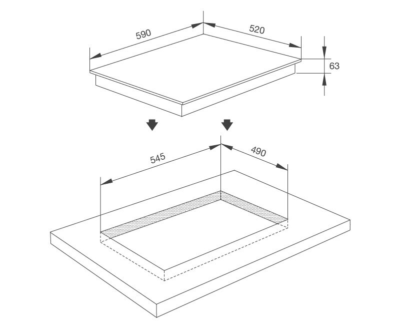 Kích thước lắp đặt bếp từ Malloca MI-593-WN