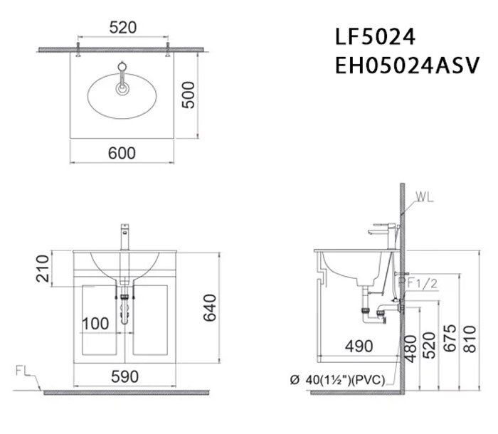 Bản vẽ kỹ thuật tủ chậu rửa mặt CAESAR EH05024ASV