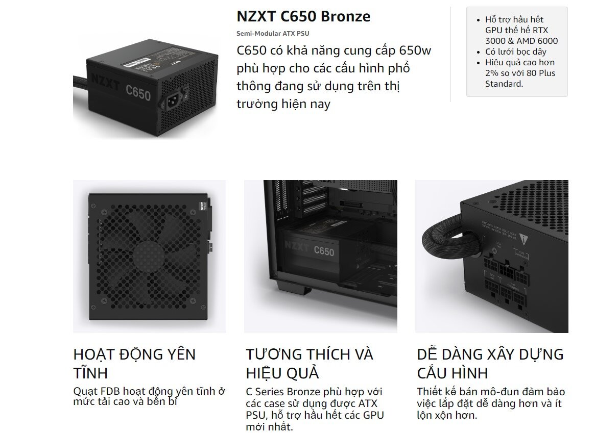 Nguồn máy tính NZXT C650 - 650W Bronze (80 Plus Bronze /Màu Đen)